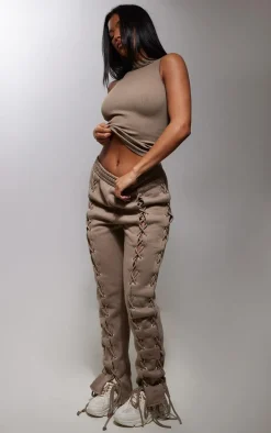 Taupe Lace Up Side Detail Oversized Sweatpants