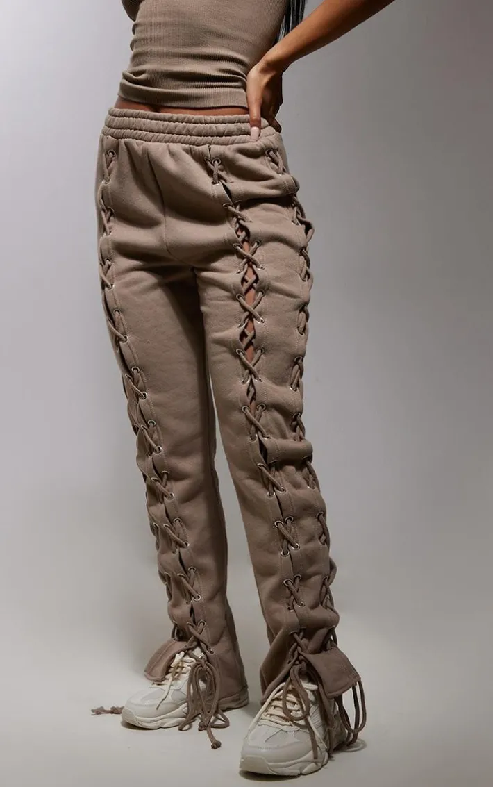 Taupe Lace Up Side Detail Oversized Sweatpants