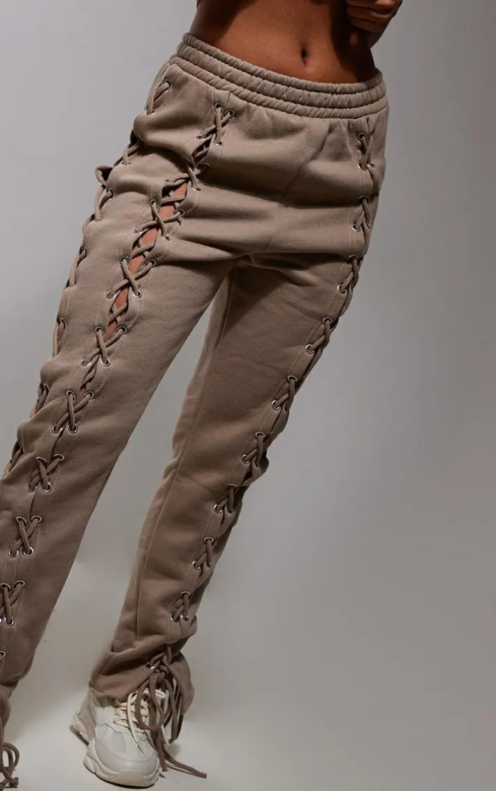 Taupe Lace Up Side Detail Oversized Sweatpants