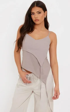 Taupe Linen Asymmetric Strappy Detail Cami Top