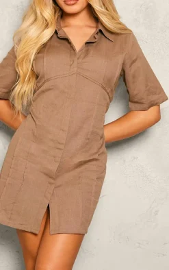 Taupe Linen Look Binded Detail Shirt Dress