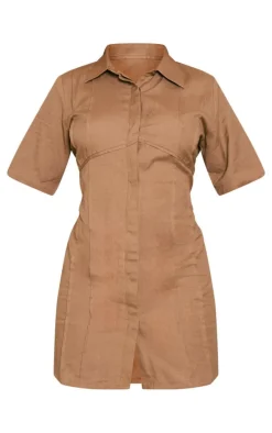 Taupe Linen Look Binded Detail Shirt Dress