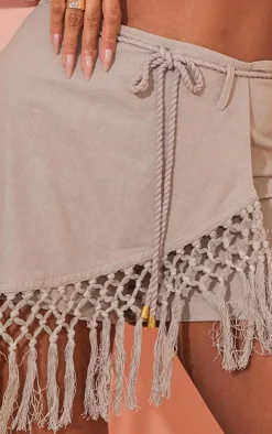 Taupe Linen Look Crochet Tassel Hem Wrap Skort