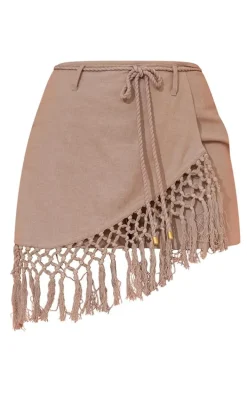 Taupe Linen Look Crochet Tassel Hem Wrap Skort
