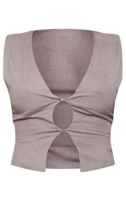 Taupe Linen Look Cut Out Front Vest