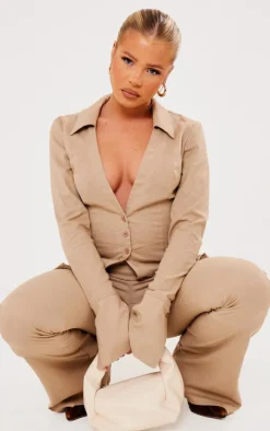 Taupe Linen Look Fitted Flared Pants