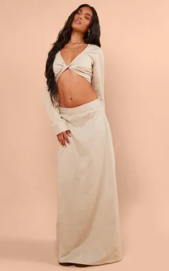 Taupe Linen Look Floaty Maxi Skirt