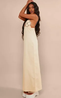 Taupe Linen Look Floral Applique Maxi Dress