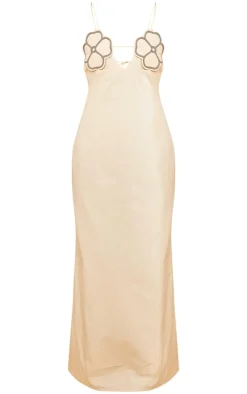 Taupe Linen Look Floral Applique Maxi Dress