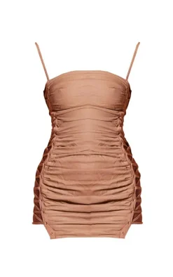 Taupe Linen Look Lace Up Side Bodycon Dress