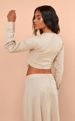 Taupe Linen Look Twist Front Cropped Shirt