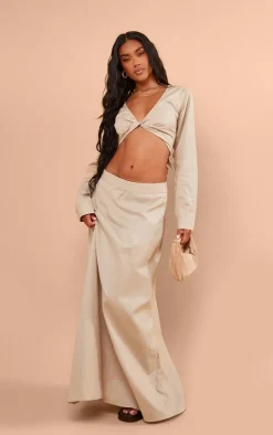 Taupe Linen Look Twist Front Cropped Shirt