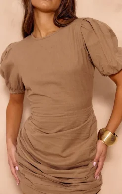 Taupe Linen Scoop Neck Ruched Skirt Bodycon Dress