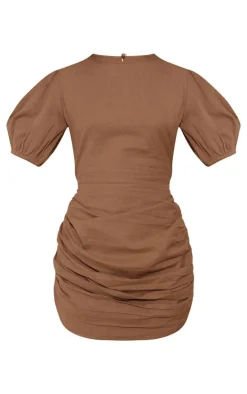 Taupe Linen Scoop Neck Ruched Skirt Bodycon Dress