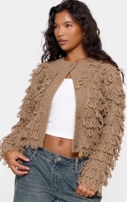 Taupe Loop Knit Crew Neck Button Up Cardigan