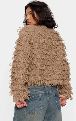 Taupe Loop Knit Crew Neck Button Up Cardigan