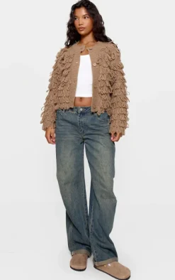 Taupe Loop Knit Crew Neck Button Up Cardigan