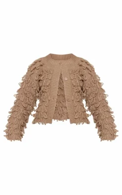 Taupe Loop Knit Crew Neck Button Up Cardigan