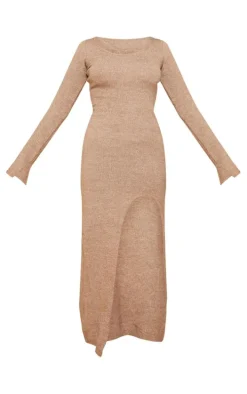 Taupe Marl Knit Scoop Neck Side Split Maxi Dress