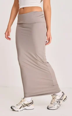 Taupe Matte Sculpt Fold Over Waist Maxi Skirt