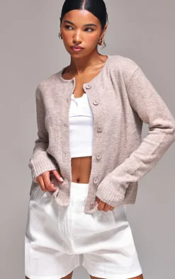 Taupe Melange Soft Knit Basic Button Up Cardigan