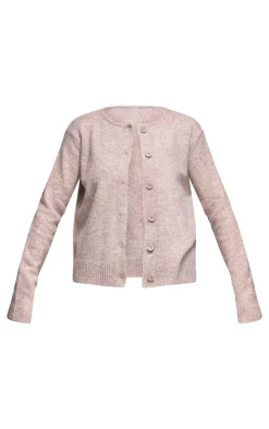 Taupe Melange Soft Knit Basic Button Up Cardigan