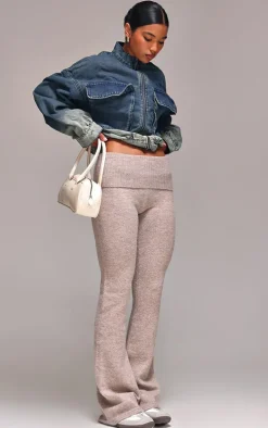 Taupe Melange Soft Knit Foldover Waist Flared Pants