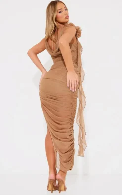 Taupe Mesh Corsage Detail Ruched Midaxi Dress