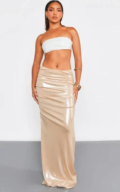 Taupe Metallic Ruched Maxi Low Rise Skirt