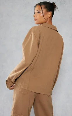 Taupe Oversized Utility Pocket Denim Shirt