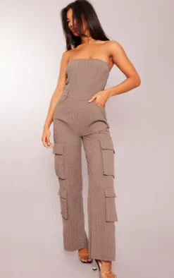 Taupe Padded Textured Bandeau Pocket Jumpsuit