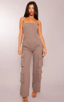 Taupe Padded Textured Bandeau Pocket Jumpsuit