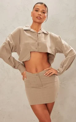 Taupe Pinstripe Cut Out Pocket Long Sleeve Shirt Dress