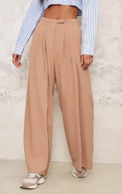 Taupe Pintuck Detail Wide Leg Tailored Pants