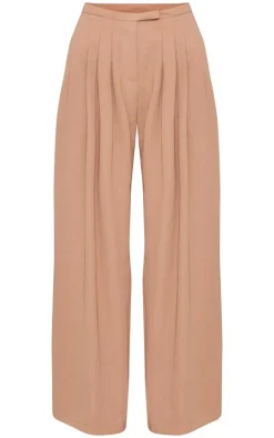 Taupe Pintuck Detail Wide Leg Tailored Pants