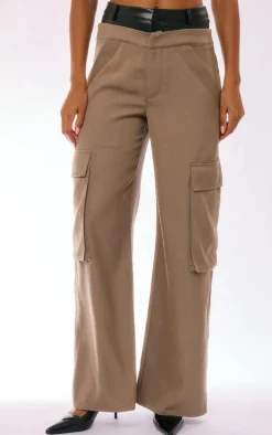 Taupe Premium Faux Leather Waistband Wide Leg Pants