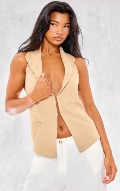 Taupe Premium Linen Look Strap Back Detail Vest