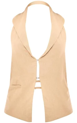 Taupe Premium Linen Look Strap Back Detail Vest