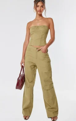 Taupe Premium Twill Cargo Mid Rise Wide Leg Pants