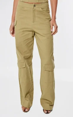 Taupe Premium Twill Cargo Mid Rise Wide Leg Pants