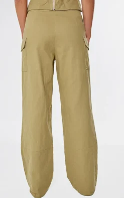 Taupe Premium Twill Cargo Mid Rise Wide Leg Pants