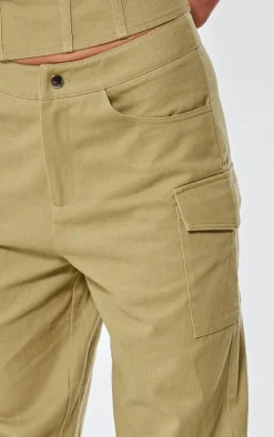 Taupe Premium Twill Cargo Mid Rise Wide Leg Pants