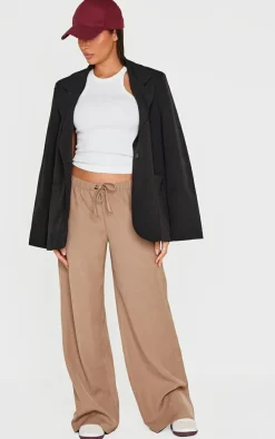 Taupe Premium Woven Drawstring Waistband Low Rise Pants