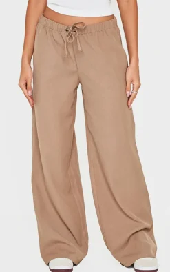 Taupe Premium Woven Drawstring Waistband Low Rise Pants