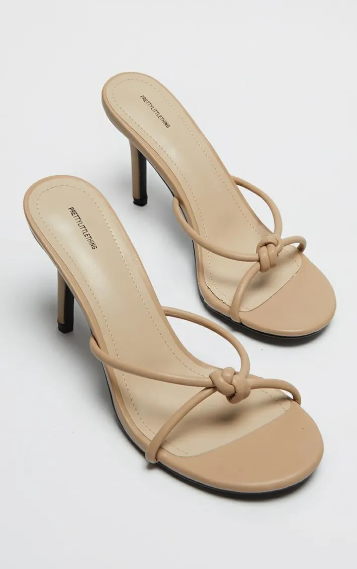 Taupe PU Knotted Mid Heeled Mule Sandals