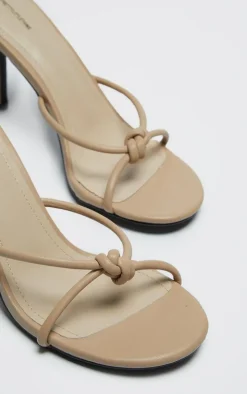 Taupe PU Knotted Mid Heeled Mule Sandals