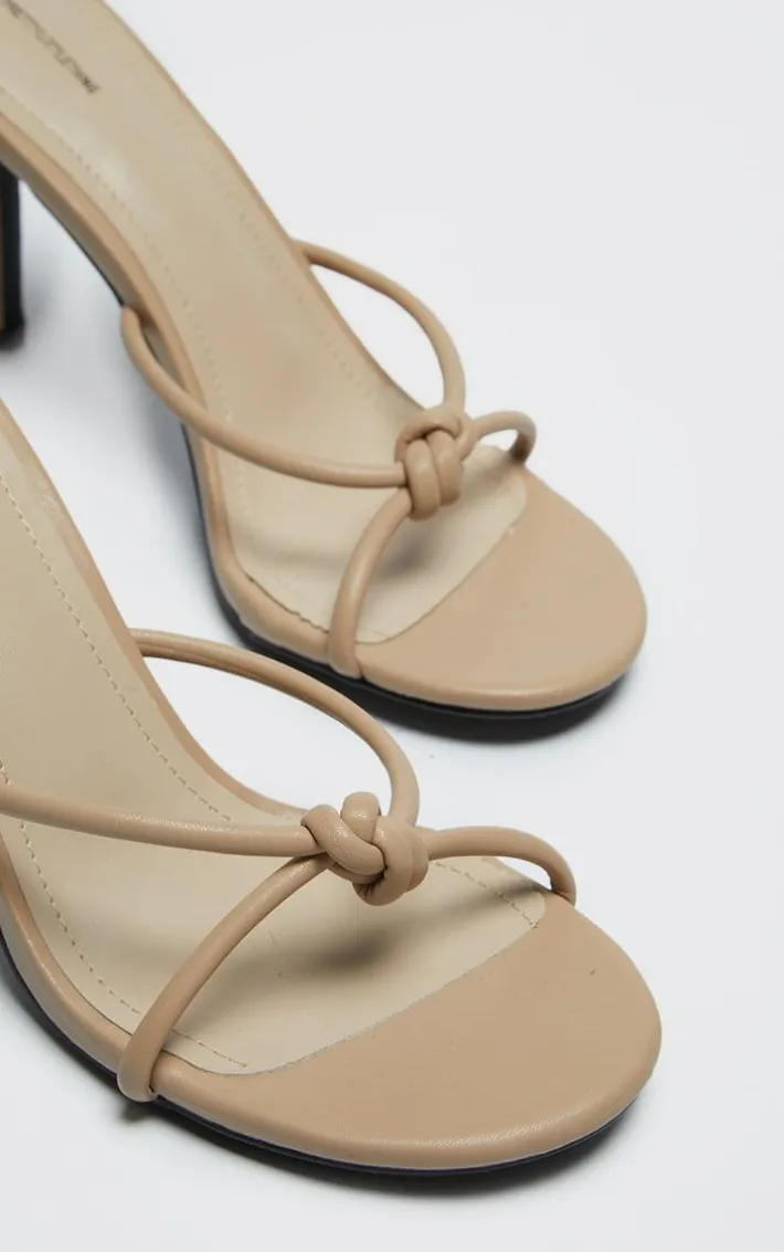 Taupe PU Knotted Mid Heeled Mule Sandals