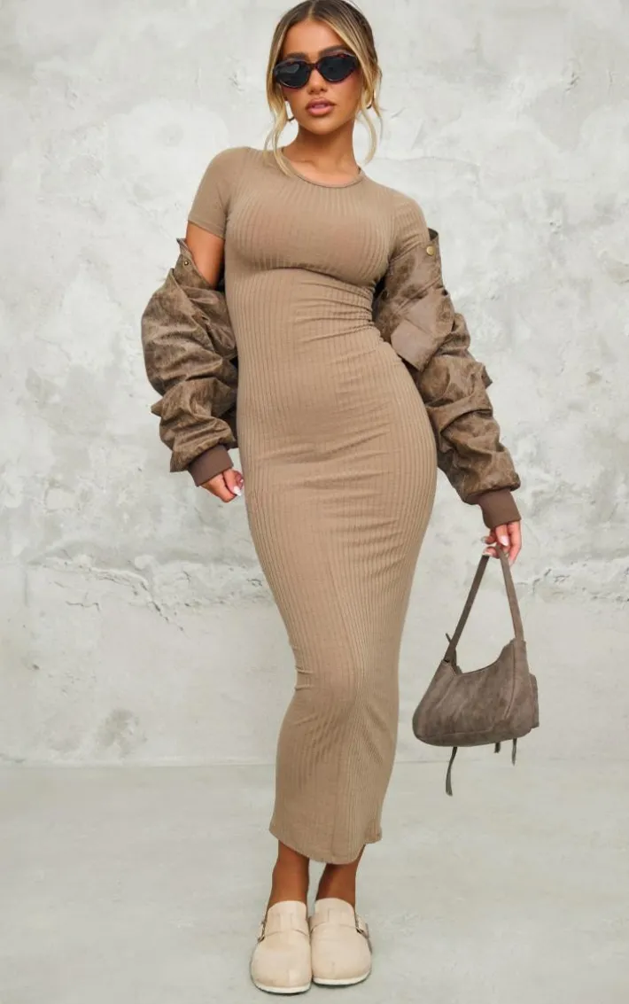 Taupe Rib Cap Sleeve Midaxi Dress