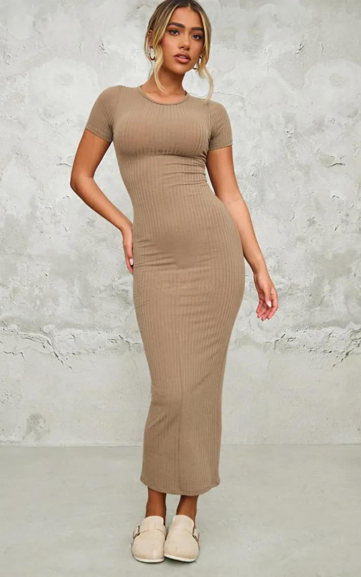 Taupe Rib Cap Sleeve Midaxi Dress