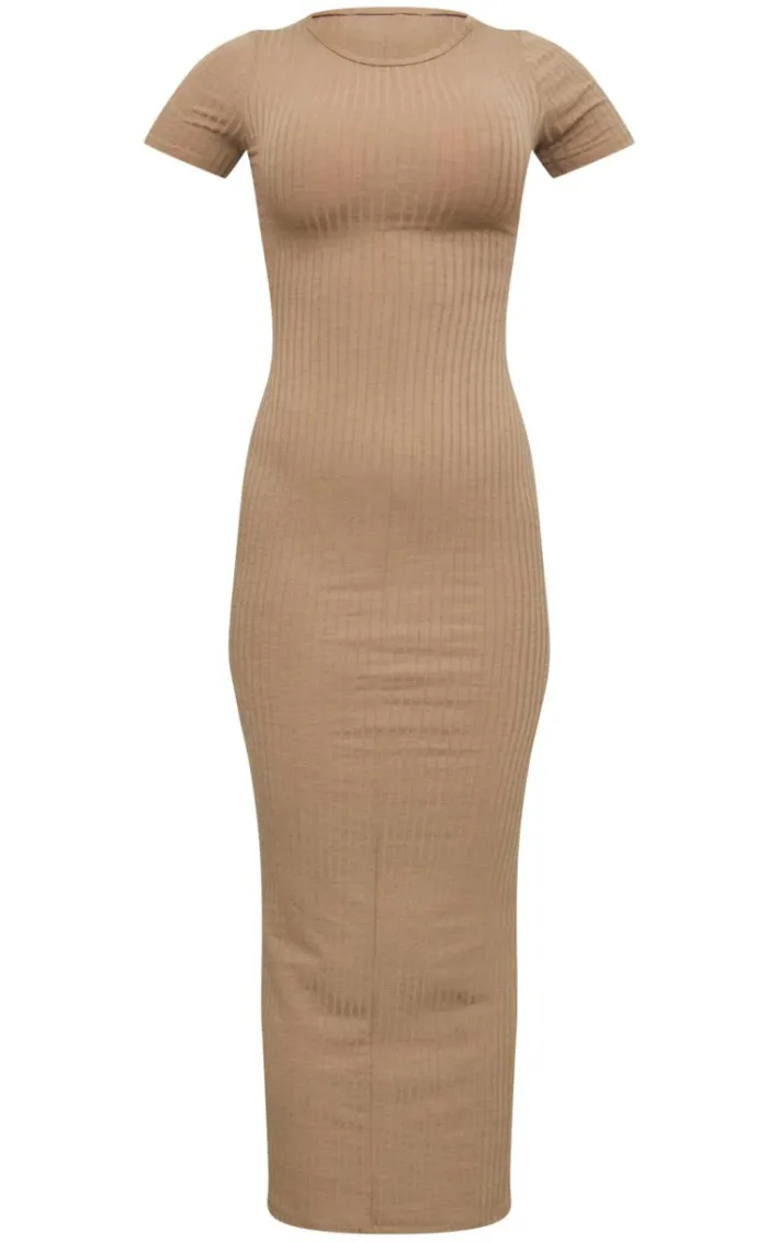 Taupe Rib Cap Sleeve Midaxi Dress